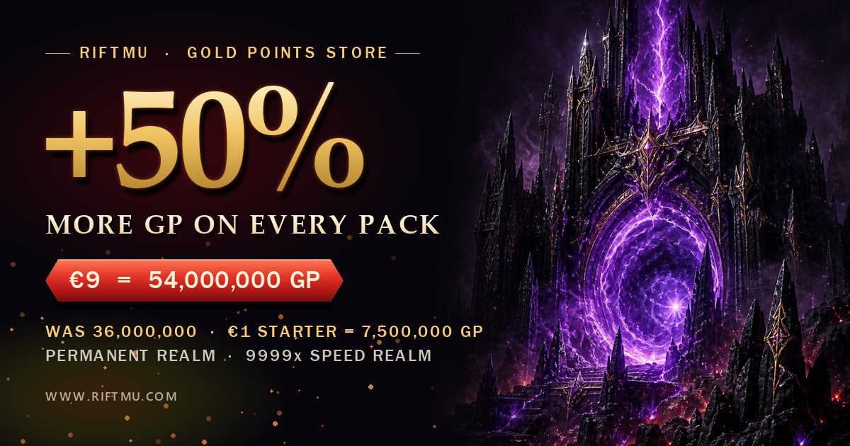 RiftMu Gold Points store: +50% more GP on every pack. €9 now gives 54,000,000 GP instead of 36,000,000, and the €1 starter gives 7,500,000 GP, on the Permanent Realm and the 9999x Speed Realm