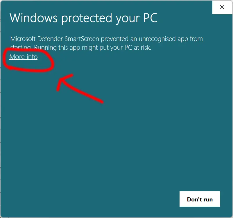 SmartScreen warning with the More info link highlighted