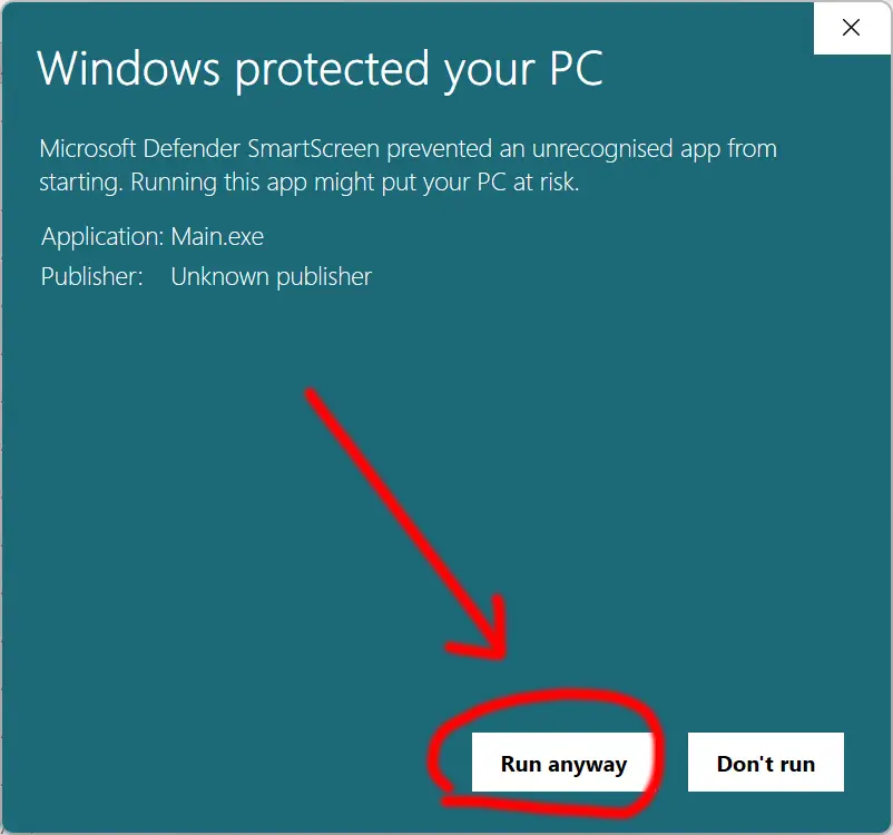 SmartScreen warning with the Run anyway button highlighted